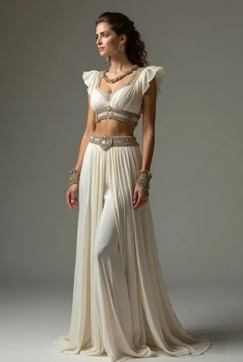 Please create a greek goddess costume a crip top and a long skirt, make the top a bit conservative in the arm part so make a short sleeve .. make it beautiful so i would look like a queen