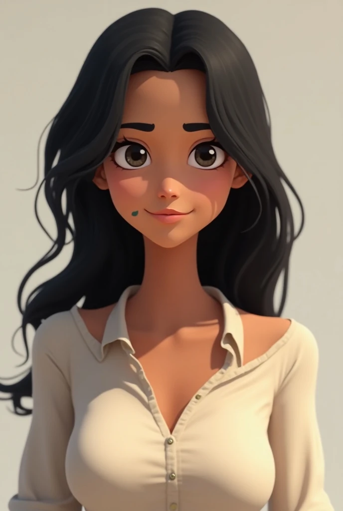 An animated avatar of a slightly black lady, with normal eyes ,  black hair, wearing a lead shirt with loose hair ,  with a mole on the left side of her forehead