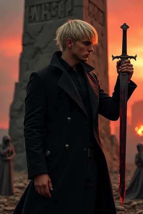 (Closer) Imagine Victor, a handsome adult man with chin-length, medium-blond hair styled in layered cuts, blending rebellion with elegance. He  leaning effortlessly against a towering, jagged monument etched with ancient, cryptic runes. His sleek, dark coa...