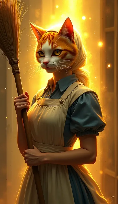  Woman with a cats head in a servant traje with a broom   , great detail , with a bright and luminous golden aura on her head  