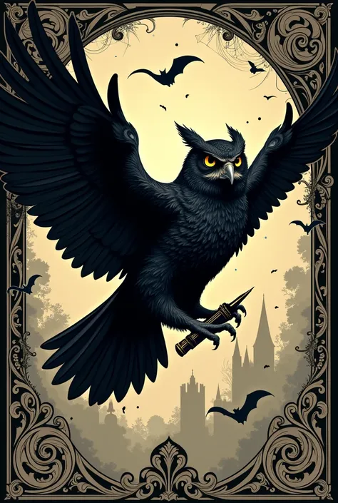 Dark owl flying holding a pen in art nouveau and gothic style decoration. 