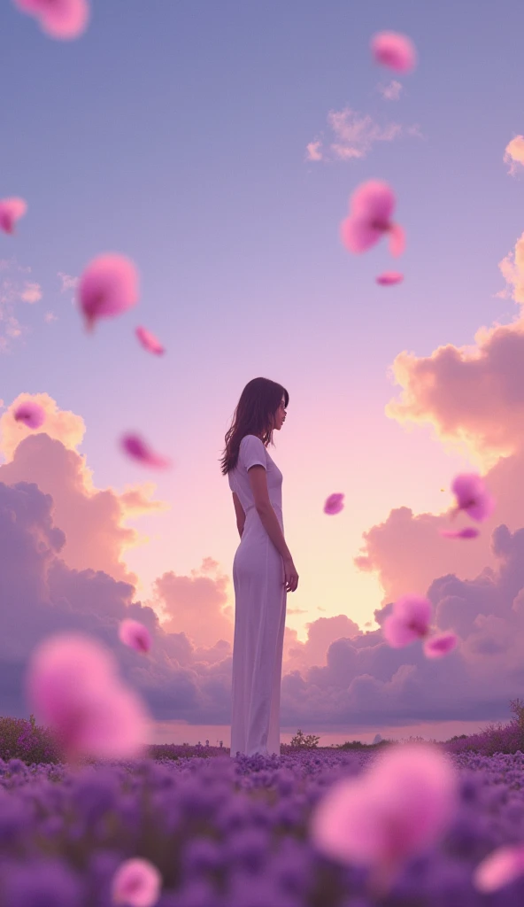 standing against a twilight sky with petals floating around him.