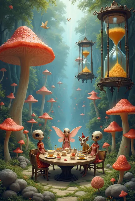 A magical kingdom from long ago lots of mushrooms, and fairys lots of clocks and hourglasses, and alien tea party