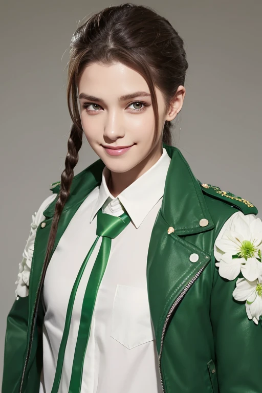  and then change,  brown ponytail,  white skin,  short man , green eyes, masterpiece, punk jacket,  white shirt,  green tie, Open shoulders, Open sleeves,  smiles lightly, flower, Quiet,  restrained , ( concept art)