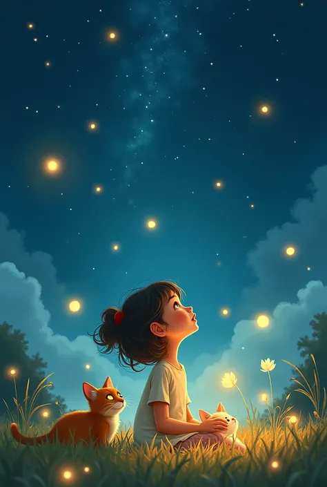 A girl on a starry night ,  with flying flashlights and cats next to her