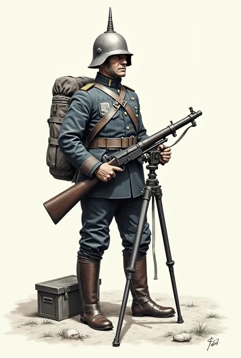  drawing of a Prussian soldier in uniform , no cover, wearing an iron shell .  On the head a Pickelhaube helmet.  On the back backpack .  On his feet leather military boots .  In her hand she holds a German machine gun that is on a tripod .  On the floor t...