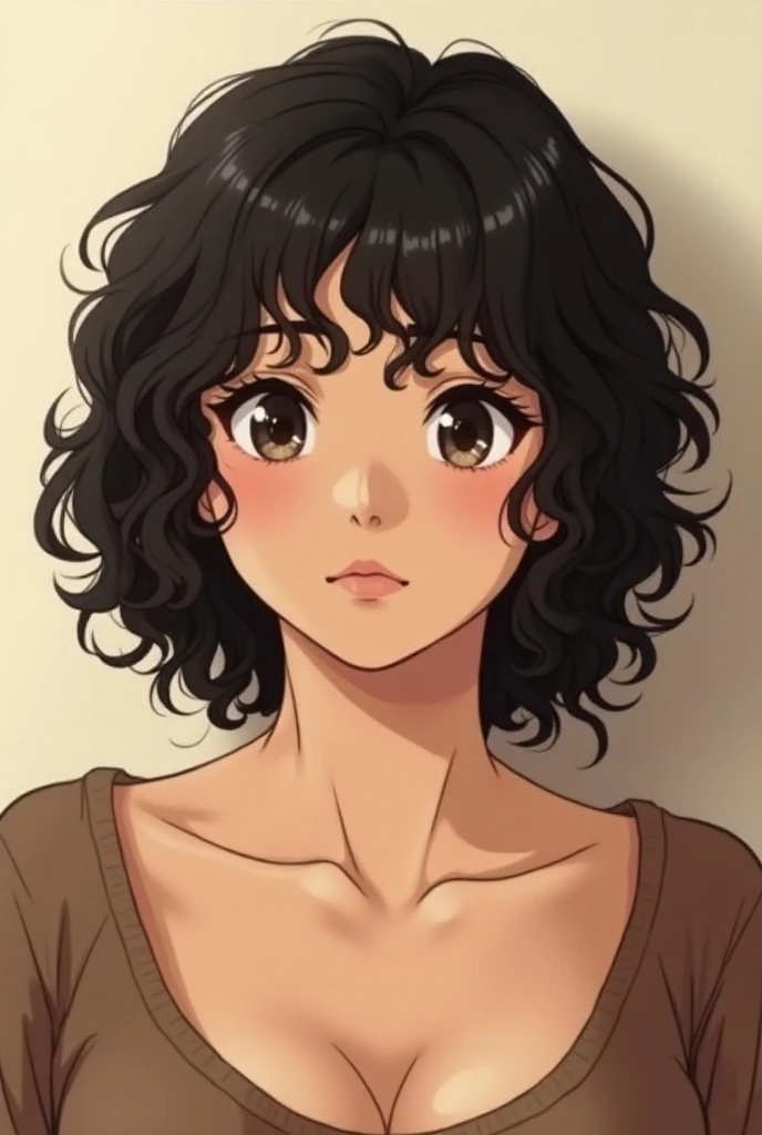 Average height,  little bit gained weight ,  hair with curlers not so defined, black ps eyes , Moreno Tirando a Blanco anime style 