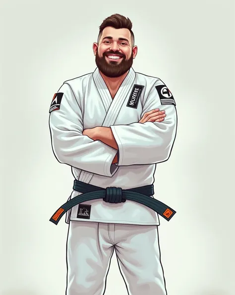 Wearing a Jiu Jitsu kimono,  round face,  a little overweight, barba, comic hq 
