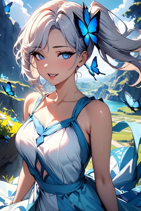 (highest quality:1.2, Very detailed, Latest, Vibrant, digital coloring, High Contrast, masterpiece:1.2, highest quality, Best aesthetics, spirit of the wind), 1 female, Silver Hair, Side Ponytail、(((Blue butterfly hair ornament, Blue Butterfly Dress:1.2)))...