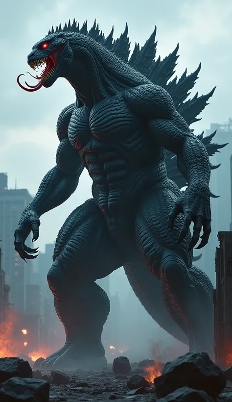 Imagine a massive, towering creature, a terrifying fusion of Godzilla’s colossal, reptilian physique and Venom’s monstrous, symbiote-inspired traits. The creature has Godzilla’s powerful, muscular frame, covered in dark, jagged armor-like plates that run d...