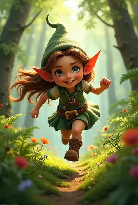 a pretty brown female gnomy with brown hair and green eyes running in the forest