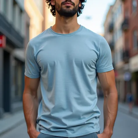 Generate a realistic image of a mockup of a mens cotton t-shirt , Color light blue mottled, with rib collar .  The t-shirt is worn by a realistic-looking man , with natural hair , in a modern urban environment .  The background shows buildings and unfocuse...