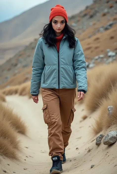    Real human photo, Fika is a young woman with shoulder length  wavy  black hair and fair skin. She has well-defined eyebrows, large black eyes, and a neutral expression on her face.  . Wearing plain zipped light blue winter jacket, brown cargo pant, red ...