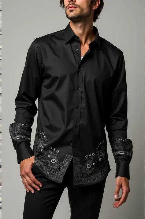 Black shirt with details on the bottom with handkerchief print with logo written PIZANI MC 