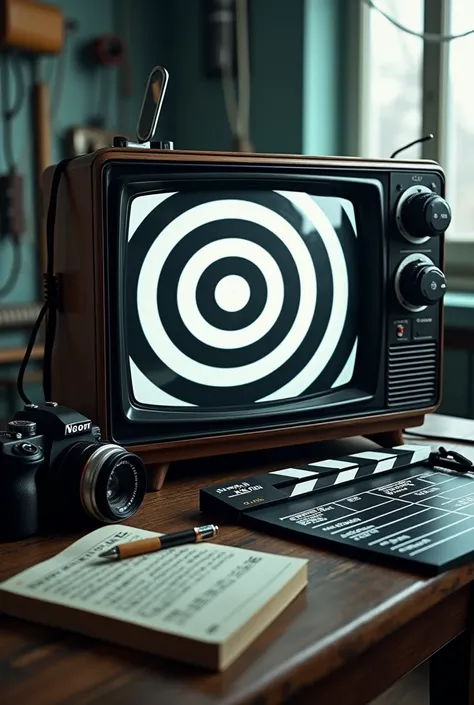 I want an image that includes a television (with a black-and-white spiral on its screen), a camera, a film clapperboard, a fountain pen, a manga book, and a cigarette. In the background, there should be a futuristic dystopian setting with scattered wires a...