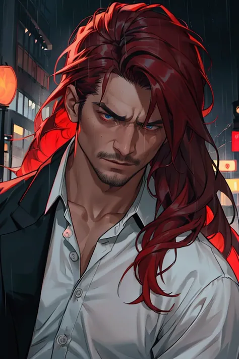 a man with button up shirt, 1male, raining in the city, dark background, medium long hair, red rim lighting, 8K, UHD, [candid, amateur], cinematic lighting, upper body, highly detailed face, close up, serious face, villainous, Storytelling images