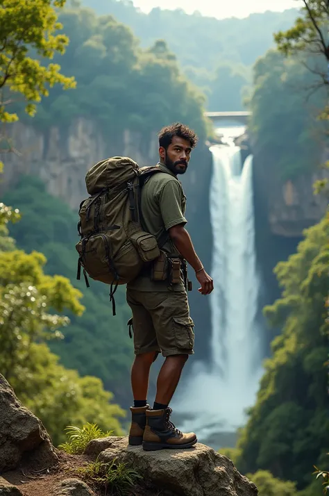 there is a Indonesia Man [Adams:0.35] standing on a rock in the woods, hiking clothes, wearing adventuring gear, man walking in a canyon, adventuring gear, outdoor fine photography, standing near a waterfall, wearing adventure gear, amidst nature, an young...