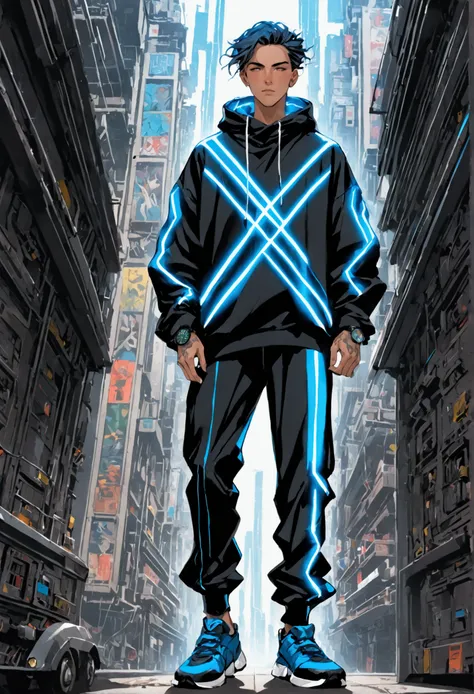 Levy Loght, 23 year old man.            Appearance: ,  wears a long futuristic sweatshirt with Neon stripes on the vertical of the pants,  a sweatshirt with a Struggle symbol on the back and some detail on the front , a futuristic watch on the arm , a runn...