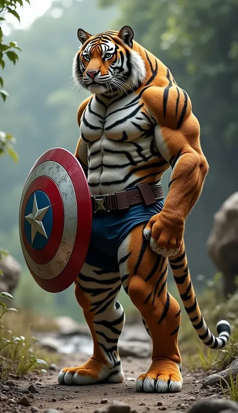 Create a hyper-realistic creature tiger  into captain america with shield in earth.with ful power 