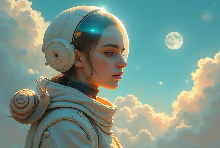 "Painterly depiction of an alien girl, her helmet exuding an otherworldly glow, a mystical snail companion, and dreamy clouds, a masterpiece of the fantastical."