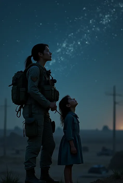 A female soldier with a girl watching the stars in the middle of the war in Iraq 