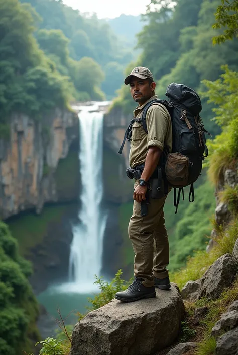 there is a Indonesia Man [Adams:0.35] standing on a rock in the woods, hiking clothes, wearing adventuring gear, man walking in a canyon, adventuring gear, outdoor fine photography, standing near a waterfall, wearing adventure gear, amidst nature, an young...