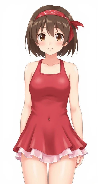 (A masterpiece of the highest quality:1.4),ruffle dress.anime,1 girl, alone, leotard underneath, under clothes, white background, simple background, Upper body, bandana, brown eyes,Mikimoto style illustration,smile,under clothesのレオタード,(red.9.pink 1,)bellyb...