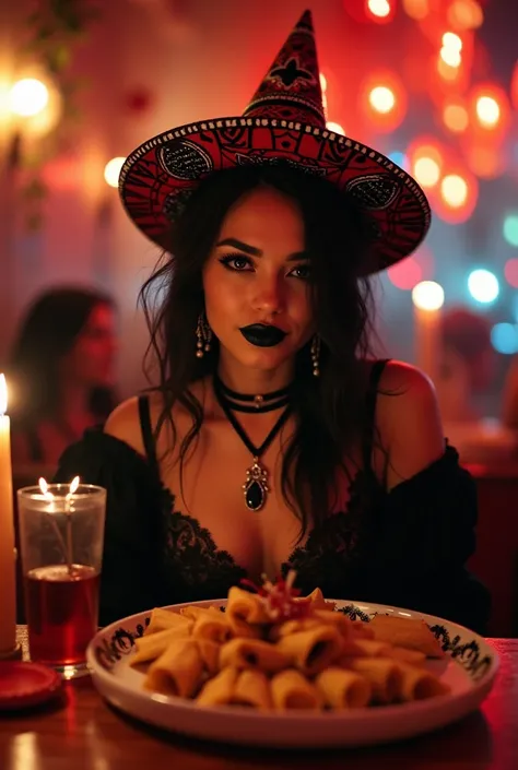 Gotica gamer happy birthday girl black lips and Mexican eating tamales

