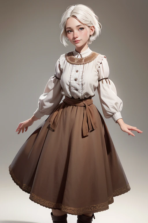 Peasant woman from "Chronicles of Narnia ", short white hair, brown eyes,  Dynamic Pose , Expression happiness, Iluminación natural,  ultra resolution ,  plain white background , without patterns, No textures.