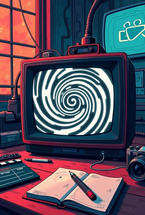 I want an image featuring a television (with a black-and-white spiral on its screen), a camera, a film clapperboard, an ink pen, a manga book, and a cigarette. The background should depict a colorful and vibrant futuristic dystopia with scattered wires and...