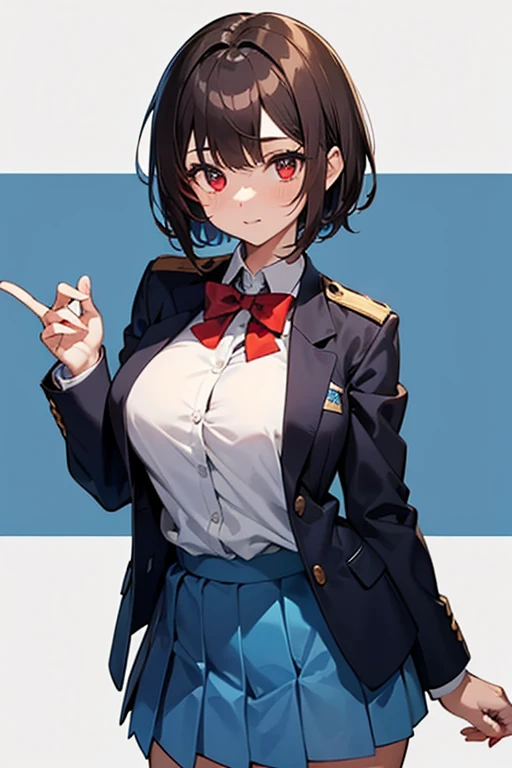 A high school girl
With short and dark brown coloured hair 
And red colour eyes 
She is wearing her school uniform
Of white and blue colour 
Short Hair, big Breasts,  
Blue colour and white colour uniform
Red Eyes 
Blue colour blazer 
Medium size blue colo...