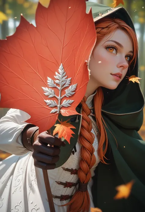 score_9, score_8_up, score_7_up, (masterpiece, UHD, 8K, 16K, ultra detailed), sfw, upperbody shot, 1girl, elf, orange eyes, one side braided hair, ginger hair, holding a red leaf, white dress with hood, intricate details, (murmuring leaves), (wind:1.2), (m...