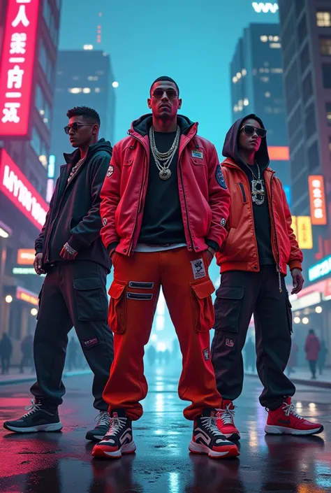 Gang in San Andreas with dope outfit and flexing on cyberpunk city background with his friends 