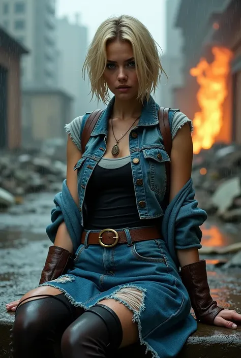 woman inspired by Android 18 from Dragon Ball Z,  sitting in a post-apocalyptic environment in heavy rain.  She wears a worn long-sleeved t-shirt with thin gray stripes , black fitted top,  sleeveless blue denim jacket with damaged edges ,  ripped blue den...