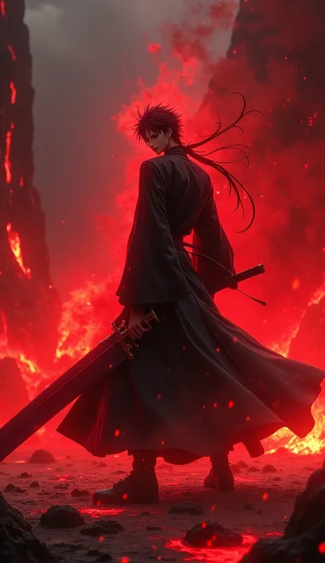 Kubo Taito、bleach 、Ichigo Kurosaki、grim Reaper、Big Sword、 Black Kimono、 There is a red aura wrapped around the body、Red light is flying around 、 The background is hell where many demons live 、Magma is erupting、16k、 super high definition 、 super resolution、...