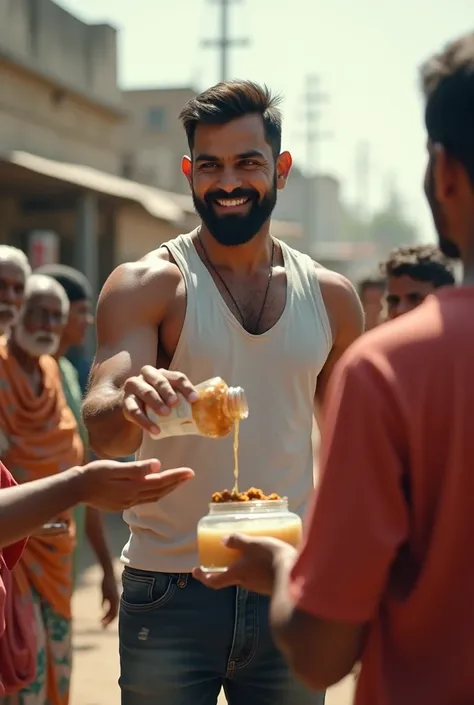 "A heartwarming scene featuring a man resembling Virat Kohli, a well-built Indian cricketer with short black hair and a beard, helping poor and underprivileged people. He is distributing food packets and water bottles to a group of individuals, including r...