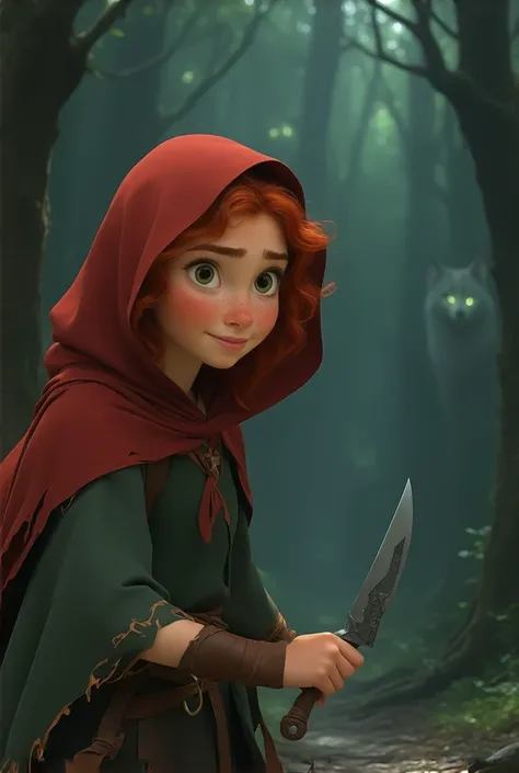 "Close-up of a stylized Disney Pixar 3D young girl, age 14, with curly fiery red hair peeking out from a slightly torn vibrant red hood, walking through a dark forest. Her bright green eyes are alert, and she holds a small detailed knife firmly in her hand...