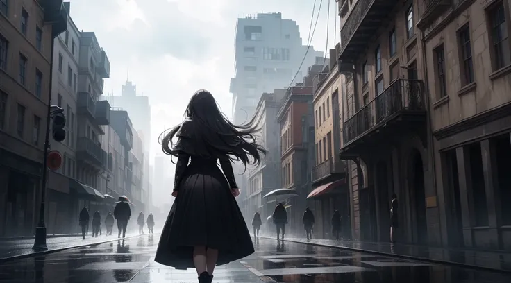 ( masterpiece,  ultra high quality ,  well detailed )  a beautiful woman with her back ,  long hair , Saddened, walking , Background of ruined buildings , abyss,  A city surrounded by high walls, grey clouds, rain,  black dress, darkness