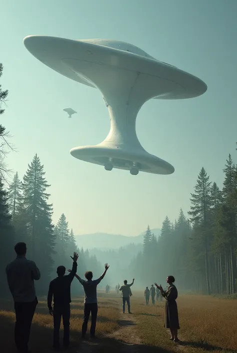 Tic tac shaped white uap ufo flying over trees and people pointing up at it 