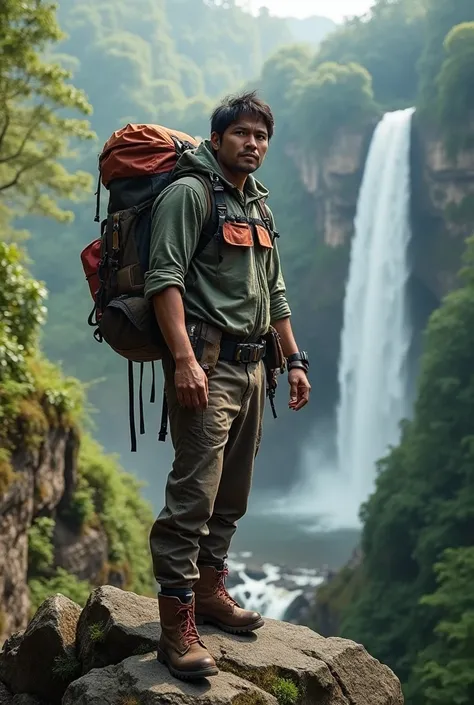 there is a Indonesia Man [Adams:0.35] standing on a rock in the woods, hiking clothes, wearing adventuring gear, man walking in a canyon, adventuring gear, outdoor fine photography, standing near a waterfall, wearing adventure gear, amidst nature, an young...