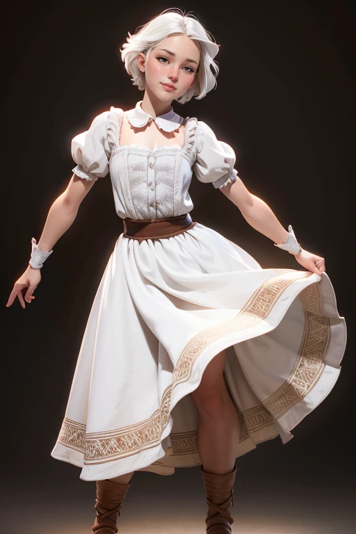 Peasant woman from "Chronicles of Narnia ", short white hair, brown eyes,  Dynamic Pose , Expression happiness, Iluminación natural,  ultra resolution ,  plain white background , without patterns, No textures.