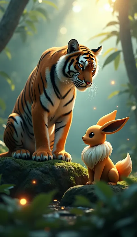 Create a photorealistic composite of a powerful Bengal tiger and Eevee during sunrise in a dense, misty jungle. The tiger should be crouched on a mossy rock, with its stripes catching the soft morning light, and its eyes glowing amber. Place a 3D-rendered ...