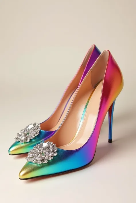 "Design a pair of vibrant, rainbow-colored pointed-toe high heels with a glossy finish. The shoes feature an embellished crystal brooch detail near the toes, adding a luxurious touch. They are positioned at a slight angle, with one shoe slightly in front o...