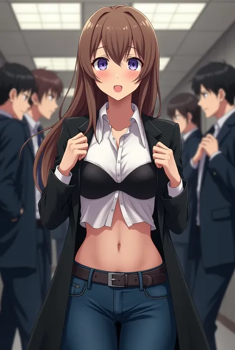 Sexy Anime Office Girls clothes ripped open from behind exposing her black bra by agents, the girl is blushing and in fear, the spies are enjoying, the white shirt and black coat are ripped open, the girl is embarrassed, her stomach is very sexy, all the s...