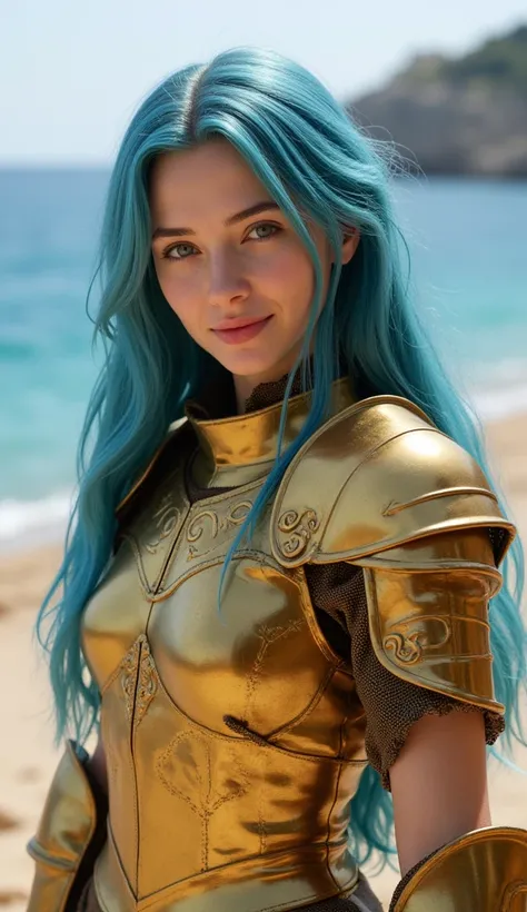 A highly detailed and realistic 3D cinematic depiction of a female knight inspired by the Knights of the Zodiac. The woman is standing gracefully facing forward with a sweet and serene expression. She has long, flowing blue hair, green eyes, and delicate, ...