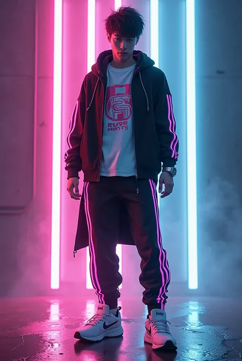 Levy Loght, 23 year old man.            Appearance: ,  wears a long futuristic sweatshirt with Neon stripes on the vertical of the pants, a sweatshirt with a symbol on the front , a futuristic watch on the arm , a running shoe,  a hair like David Martinez ...