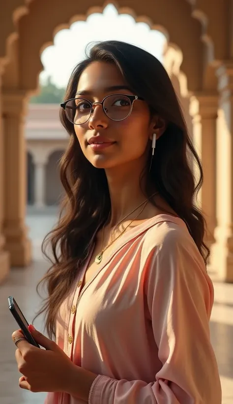 Create a realistic image of an Indian girl in her mid-20s, standing with a calm and thoughtful expression. She has a warm and approachable demeanor, wearing simple, traditional attire in soft colors (like a pastel salwar kameez). She is wearing glasses tha...