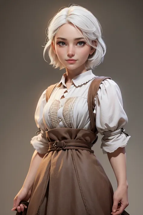 Peasant woman from "Chronicles of Narnia ", short white hair, brown eyes,  Dynamic Pose , Expression happiness, Iluminación natural,  ultra resolution ,  plain white background , without patterns, No textures.