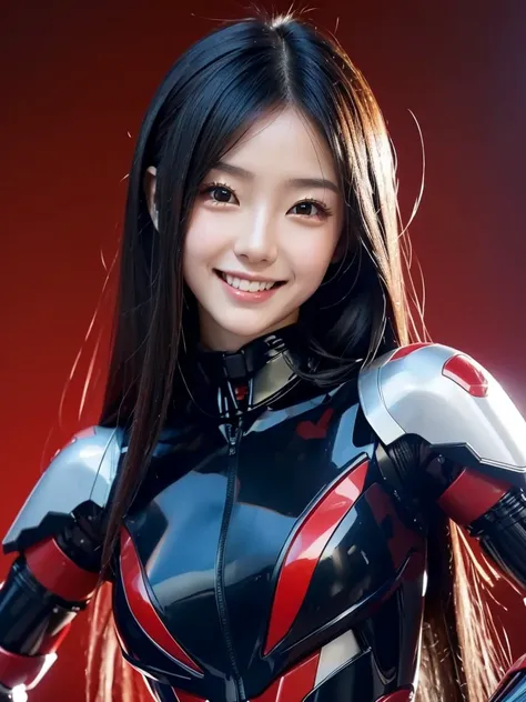 one Japanese female android, cute face, thin and tall, smile, black long hair, black and red robot suit, black and red mechanical part, black and red cyborg joint, upper body, plain background