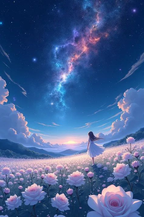  Create a picture of a starry night and colorful nebula strips in the sky , underground is a field of bright white roses  . In the distance  , a girl in a small white dress playing a melodic track  ,((detail ,rất detail ,uniform color  ,magical , is 8K lan...